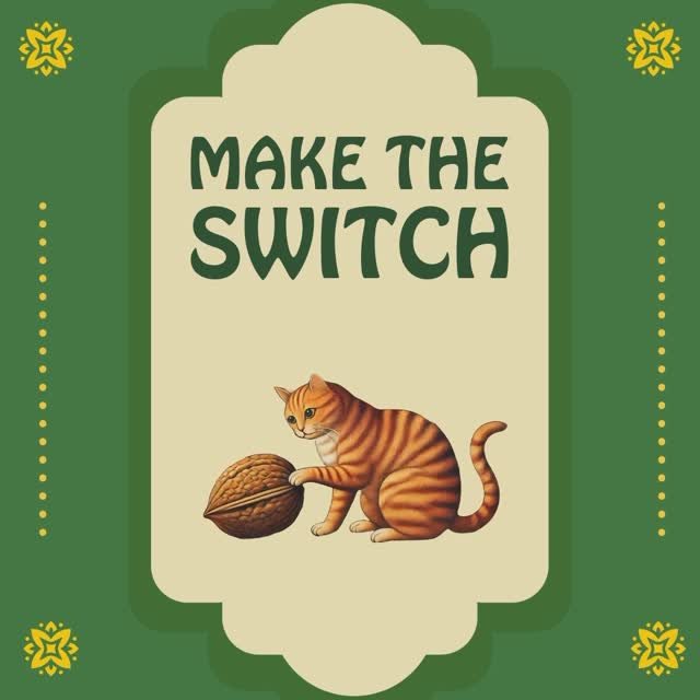 101 Lives campaign post — Make the Switch, illustrated cat with a walnut