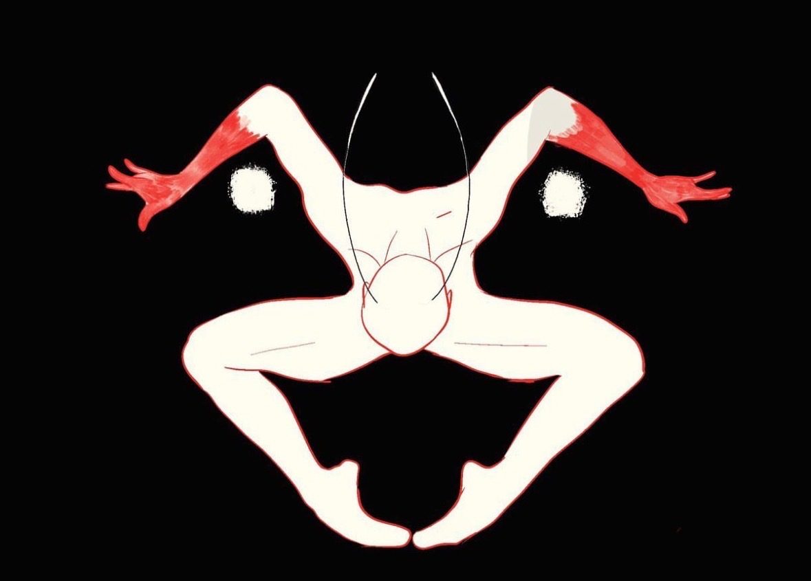 Figure and butterfly — red and white figurative artwork on black