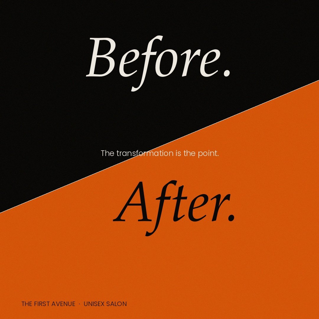 The First Avenue salon brand post — Before and After split across a diagonal black and orange cut