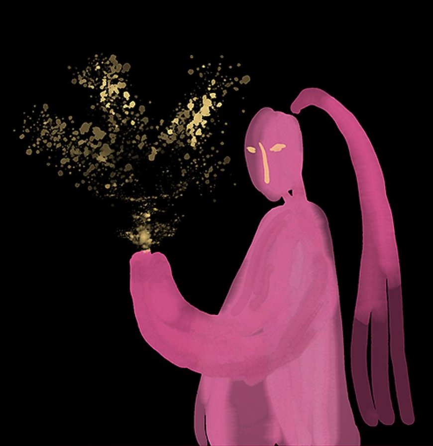 What Leaves the Hands — pink figure releasing gold sparks against black, a work on grief