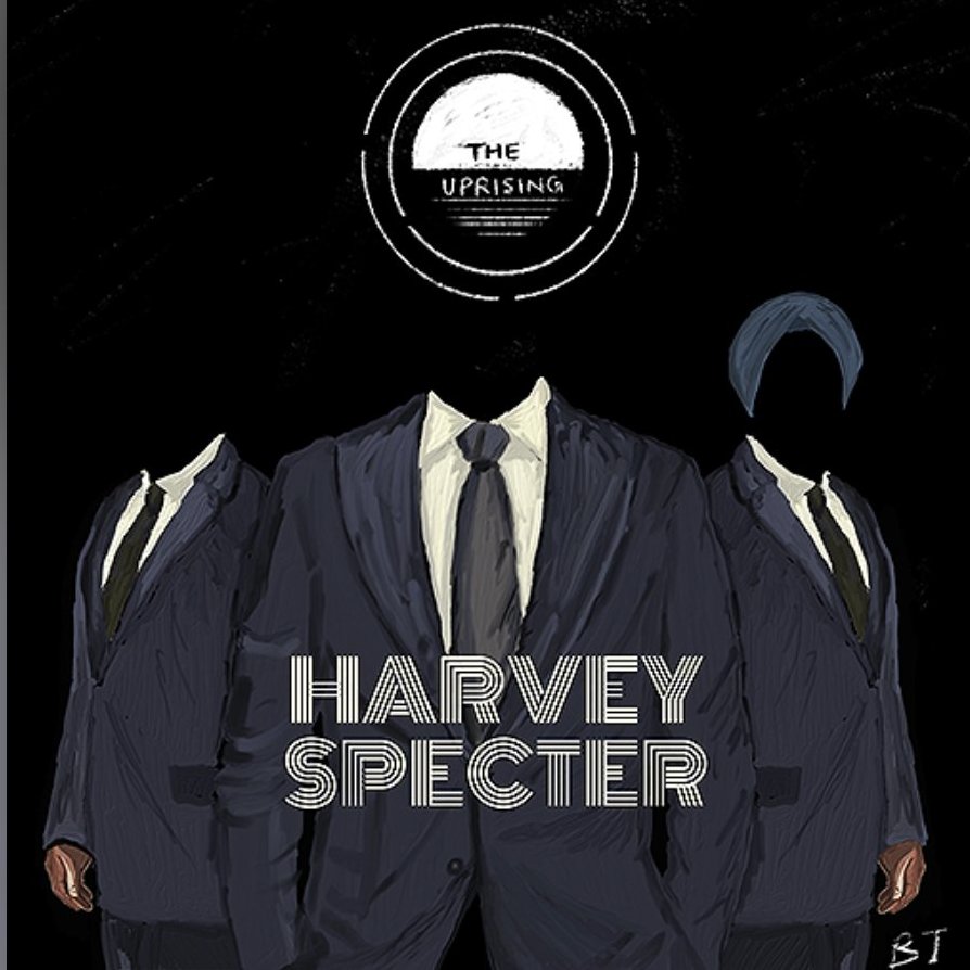 Harvey Specter — album cover artwork for The Uprising, three headless suited figures on black