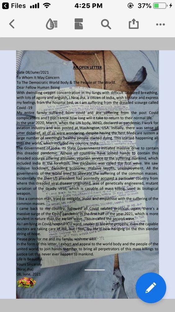 The original handwritten and typed letter by Niraj Jha, June 2021